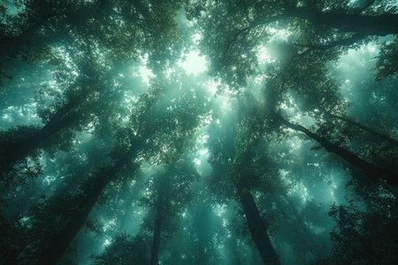 Foggy forest with sunlight shining through tree trunks and branches