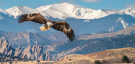 Adult White-tailed Eagle in flight with snowy mountains in the background