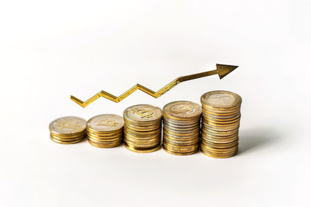 Coins stack with growth graph on white background, business and finance conceptの写真素材