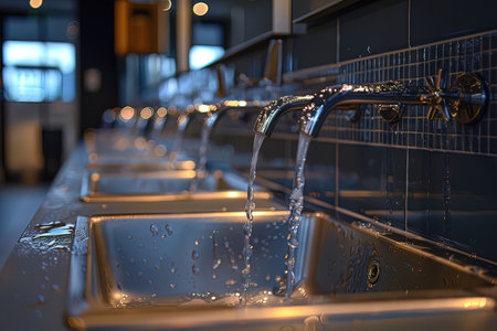 Faucet with water drops in a modern kitchen at night.