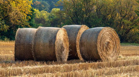 Bales of hay in the field after harvest, close-upの写真素材