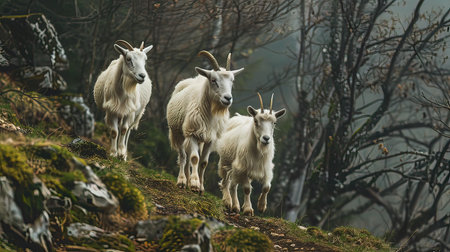 mountain goats in the mountains in the fog, beautiful photo digital pictureの写真素材
