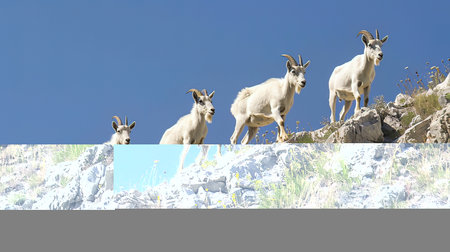 mountain goats in the mountains on a background of the blue skyの写真素材