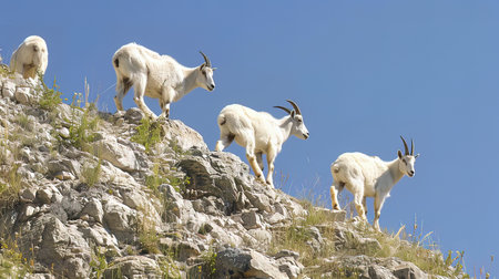 mountain goats on the top of a rock in the alpsの写真素材