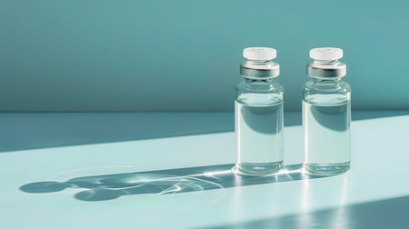 Glass medical ampoules for injection on a blue background with shadowsの写真素材