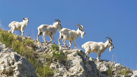 Herd of goats on a rock in the mountains of Montenegroの写真素材