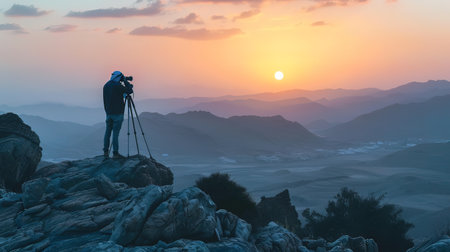 Silhouette of photographer with camera on top of mountain at sunsetの写真素材