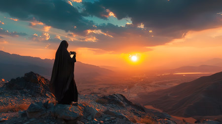 Silhouette of a muslim woman praying in the mountains at sunsetの写真素材