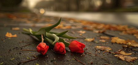 Red tulips on the background of autumn leaves in the rain.