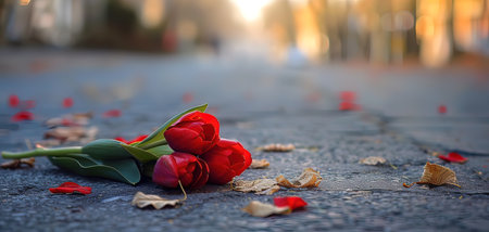 Red tulips on the pavement in the city at sunset, toned