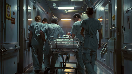 Rear view of a group of medical staff walking in an emergency room