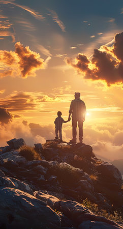 father and son standing on top of a mountain and looking at the sunsetの写真素材