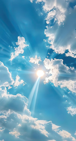Blue sky background with white clouds and sun rays. 3d rendering