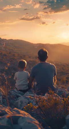 Father and son sitting on top of a mountain and watching the sunsetの写真素材