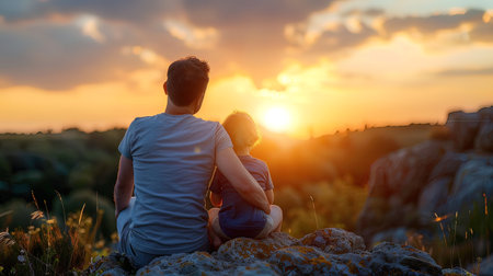 Father and son sit on the edge of a cliff and watch the sunsetの写真素材