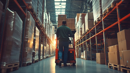 Warehouse worker pushing trolley in warehouse. This is a freight transportation and distribution warehouse. Industrial and industrial workers conceptの写真素材
