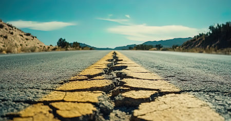 Asphalt road with cracks in the middle and blue sky background.の写真素材