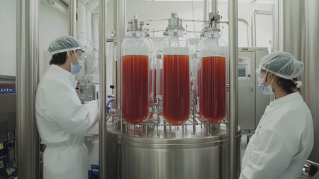 Pharmaceutical factory workers working on production line in a modern factory