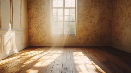 Empty room with window and wooden floor. 3D Rendering.の写真素材