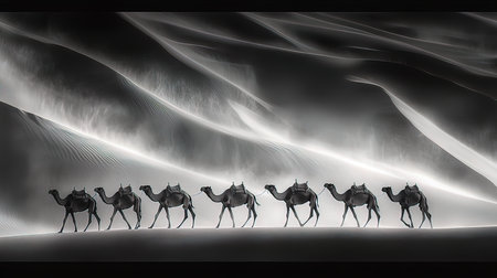 Camel caravan on a white background. 3d rendering. Computer digital drawing.の写真素材