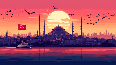 Cityscape of Istanbul at sunset, Turkey. Vector paper art illustration.