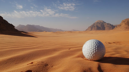 Golf ball in the sand of the desert. 3d renderingの写真素材