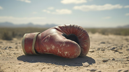 Pair of old boxing gloves lying on the ground in the desertの写真素材