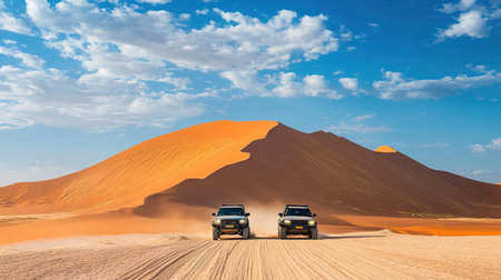 Two 4x4 off-road vehicle in the Namib desertの写真素材
