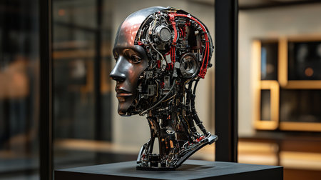 Sculpture of a robot in the museum. 3d rendering