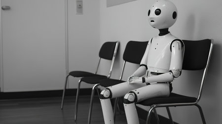 Robot sitting in a waiting room. Black and white image.の写真素材