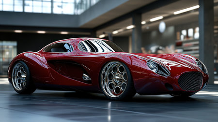 3D rendering of a brand-less generic concept car in a museum