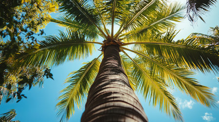 Coconut palm tree with sunlight on blue sky background, vintage toneの写真素材