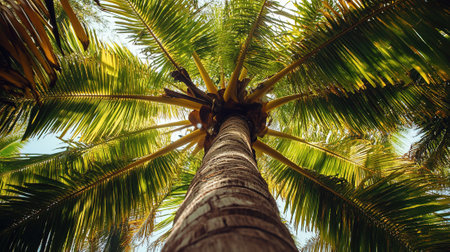 Coconut palm tree view from below. Tropical nature background.の写真素材