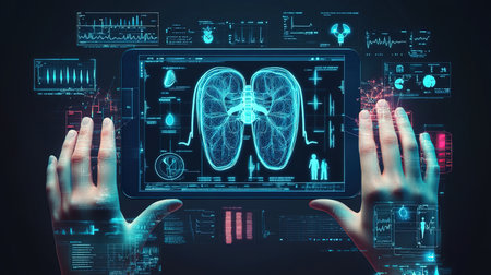 Close up of human hands using digital medicine interface. 3D renderingの写真素材