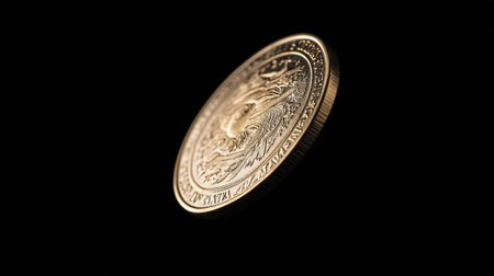 Close up of one dollar coin isolated on black background with copy spaceの写真素材