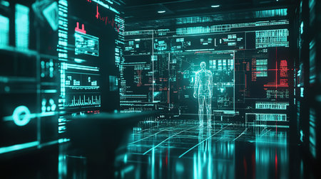3D rendering of hologram human body in futuristic cyberspaceの写真素材