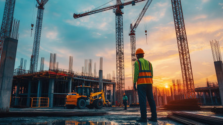 Engineer or architect working on construction site with construction machinery and equipmentの写真素材