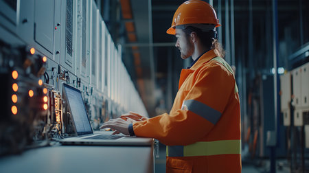 Engineer in hardhat working on laptop computer in modern factory.