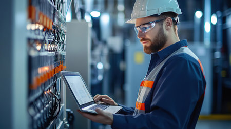 Engineer working on laptop computer in factory. Young man in safety helmet and glasses. Industrial...