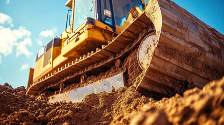 Yellow bulldozer on the background of blue sky. Construction of a road.