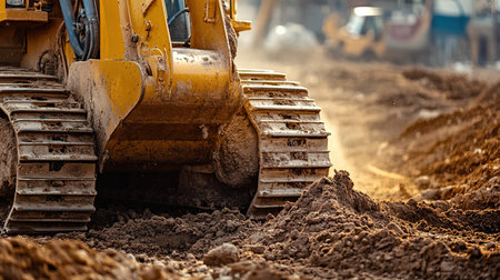 Close-up of a bulldozer working on a construction site.の写真素材