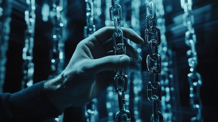 Close up of a man's hand holding a chainの写真素材