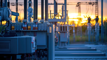 Electrical substation with high voltage power lines and transformers at sunsetの写真素材
