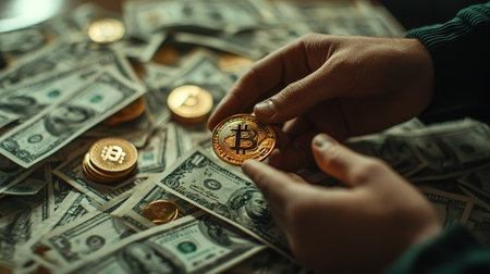 Close-up of a man's hand holding a golden bitcoin on the background of dollar bills