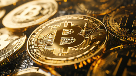 Bitcoin. Cryptocurrency. Golden Bitcoins on the background of coins.
