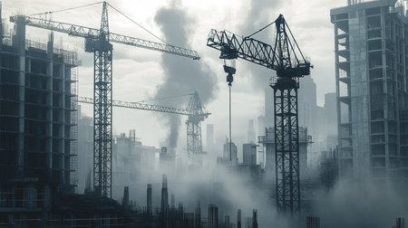Industrial construction cranes and buildings in fog. 3D renderingの写真素材