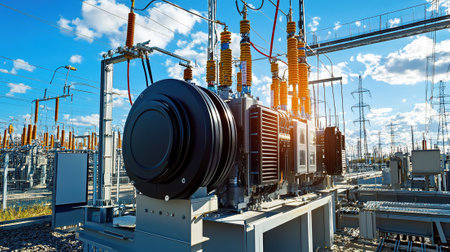 High voltage power transformer substation. Electricity distribution station. High voltage power...