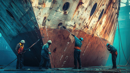 Two workers are repairing an old ship in an industrial shipyard.の写真素材