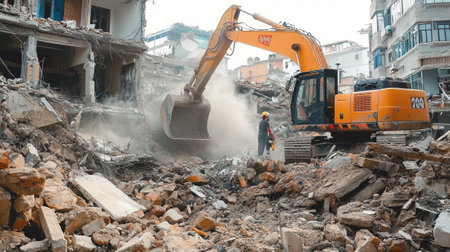 Heavy duty construction machinery working on demolition of old buildings.の写真素材