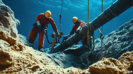 Underwater exploration. Two workers working on a pipeline in the deep blue sea.の写真素材